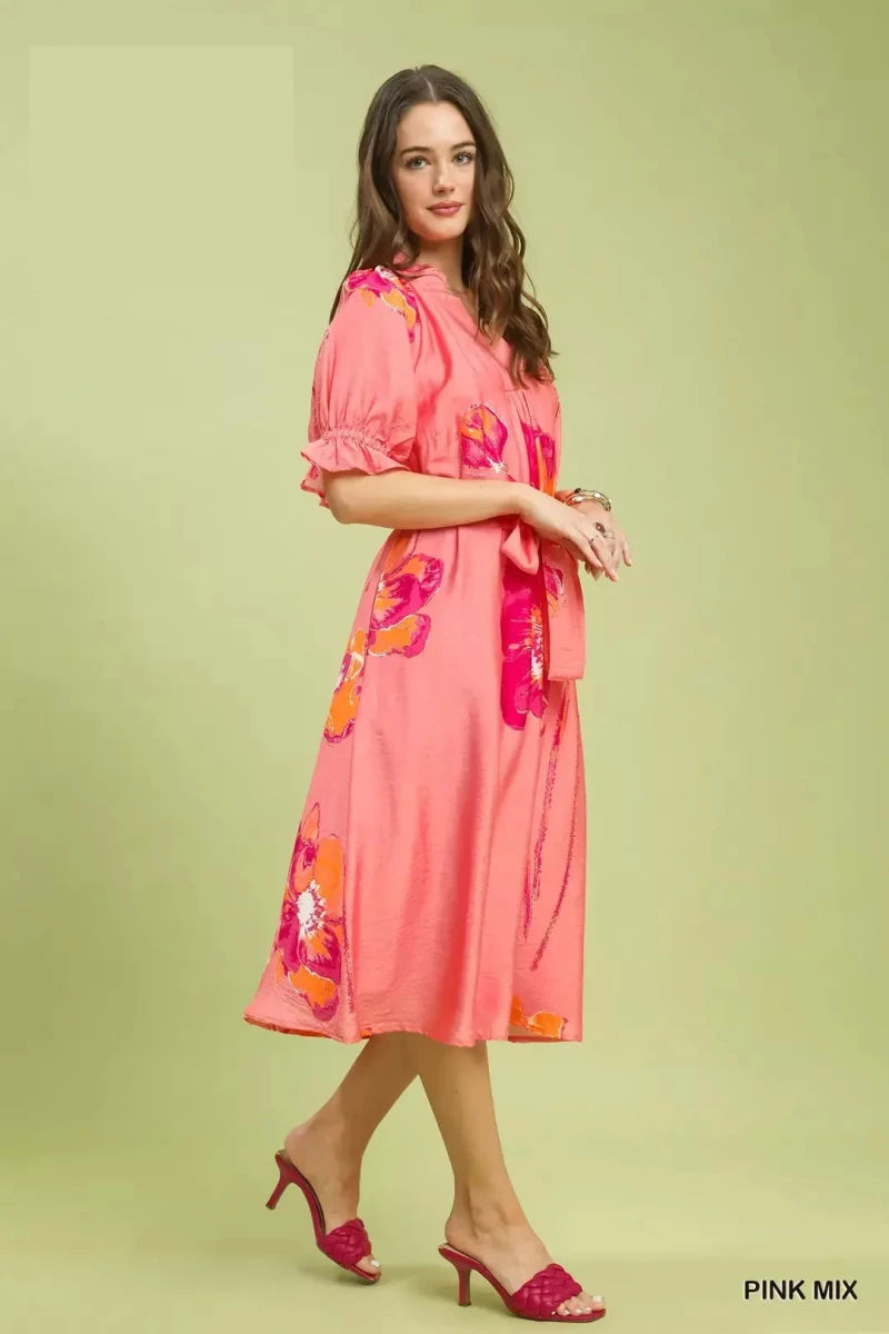 Umgee Floral Flounce Sleeve Midi Dress with Belted | Dresses | 3