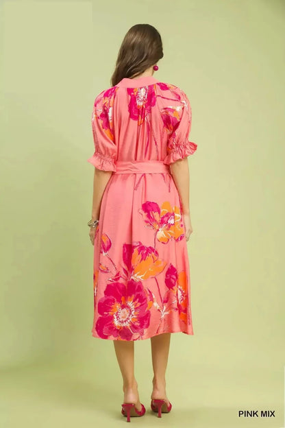 Umgee Floral Flounce Sleeve Midi Dress with Belted | Dresses | 4