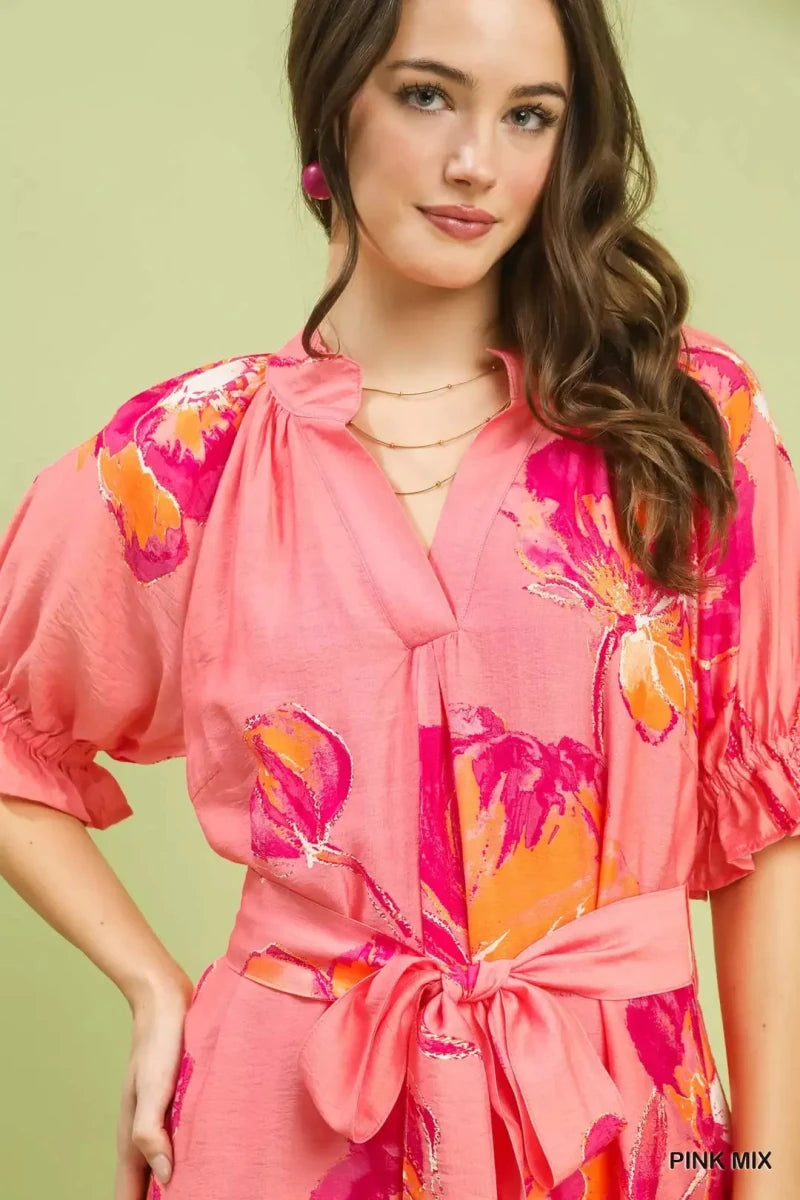 Umgee Floral Flounce Sleeve Midi Dress with Belted | Dresses | 6