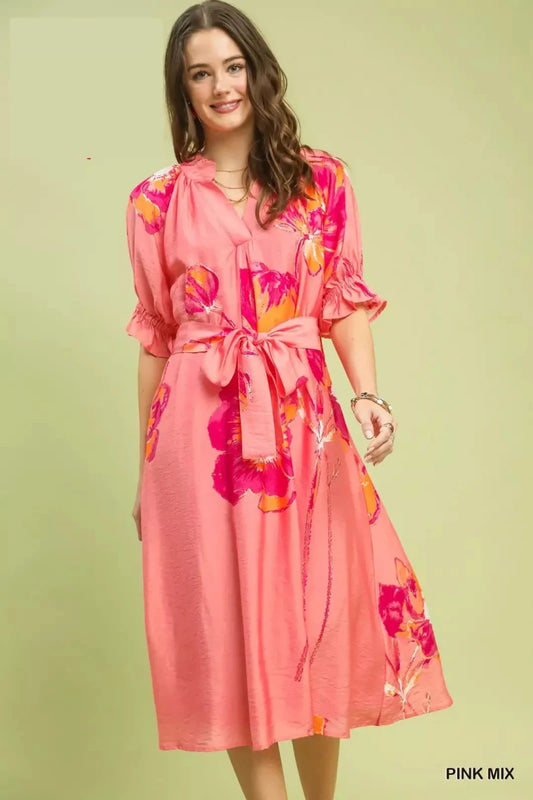 Umgee Floral Flounce Sleeve Midi Dress with Belted | Dresses | 1