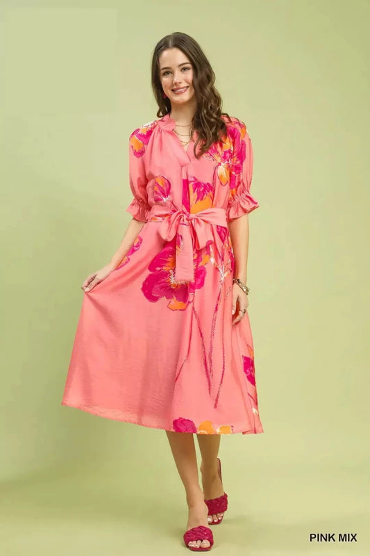 Umgee Floral Flounce Sleeve Midi Dress with Belted | Dresses | 2