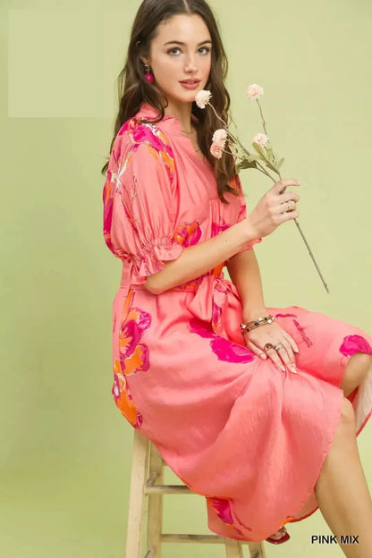 Umgee Floral Flounce Sleeve Midi Dress with Belted | Dresses | 5