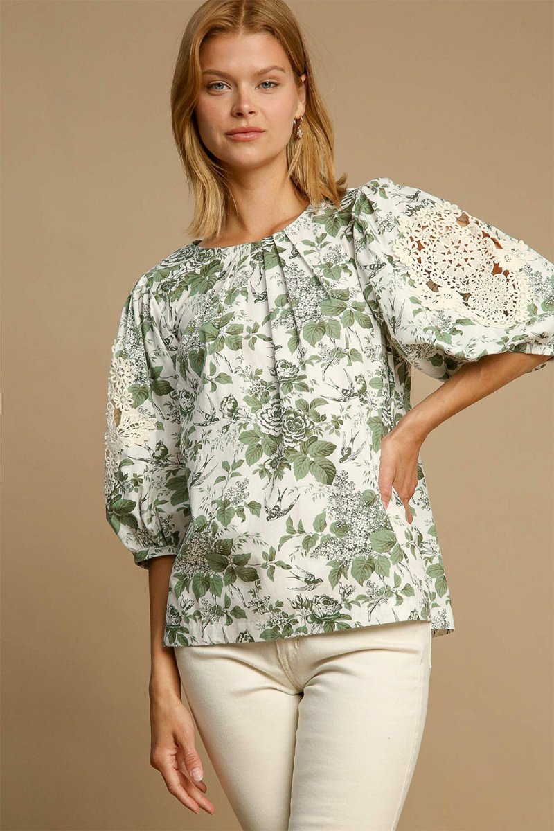 Umgee Floral Pleated Detail Lace Trim Sleeve Blouse | Tops | 1