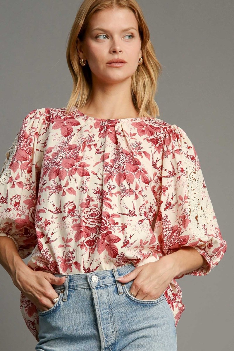 Umgee Floral Pleated Detail Lace Trim Sleeve Blouse | Tops | 1