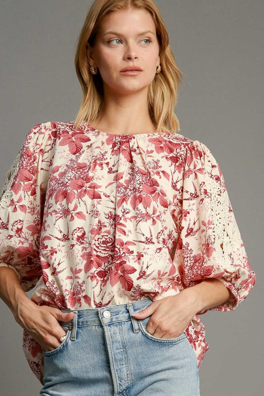 Umgee Floral Pleated Detail Lace Trim Sleeve Blouse | Tops | 1