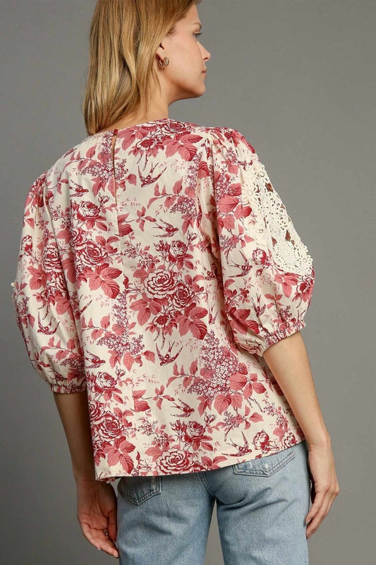 Umgee Floral Pleated Detail Lace Trim Sleeve Blouse | Tops | 2