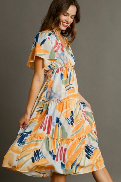 Umgee Full Size Abstract Print Flutter Sleeve Frill Tiered Midi Dress Plus Size | Dresses | 2