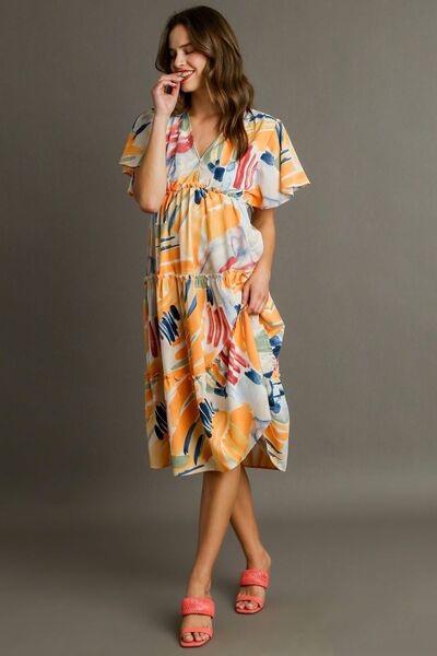 Umgee Full Size Abstract Print Flutter Sleeve Frill Tiered Midi Dress Plus Size | Dresses | 4