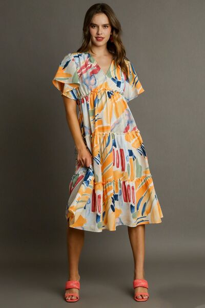 Umgee Full Size Abstract Print Flutter Sleeve Frill Tiered Midi Dress Plus Size | Dresses | 3