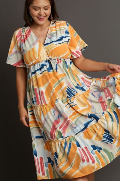 Umgee Full Size Abstract Print Flutter Sleeve Frill Tiered Midi Dress Plus Size | Dresses | 5