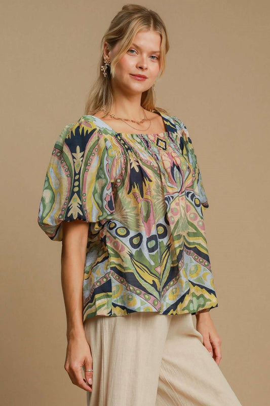 Umgee Full Size Abstract Print Smocked Square Neck Puff Sleeve Blouse | Tops | 1