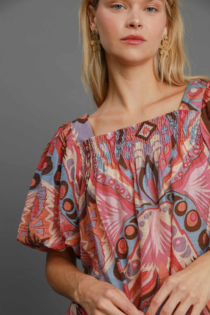 Umgee Full Size Abstract Print Smocked Square Neck Puff Sleeve Blouse | Tops | 5