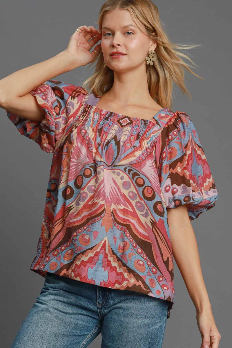 Umgee Full Size Abstract Print Smocked Square Neck Puff Sleeve Blouse | Tops | 1