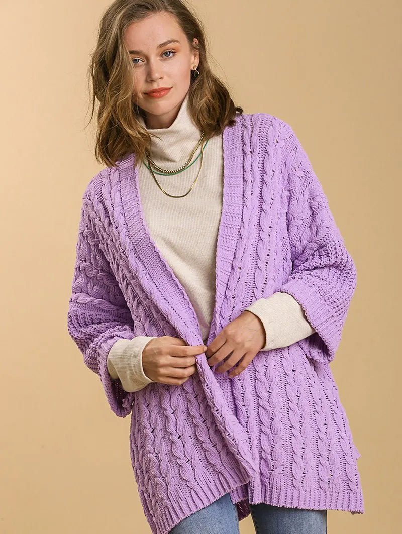 Umgee Full Size Cable Knit Open Front Long Sleeve Cardigan | Cardigans | 1