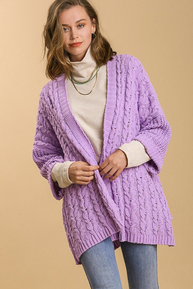 Umgee Full Size Cable Knit Open Front Long Sleeve Cardigan | Sweaters | 1