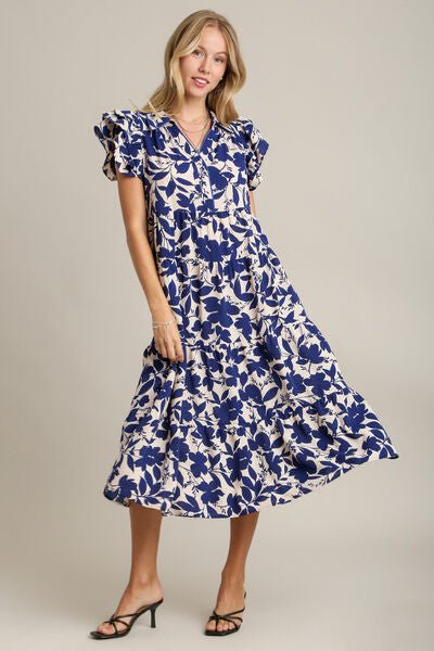 Umgee Full Size Floral Collared Ruffle Cap Sleeve Midi Dress Plus Size | Dresses | 2