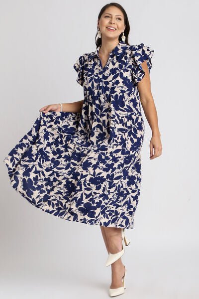 Umgee Full Size Floral Collared Ruffle Cap Sleeve Midi Dress Plus Size | Dresses | 1