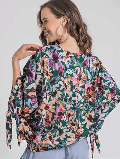 Umgee Full Size Floral V - Neck Tie Sleeve Blouse Plus Size | Tops | 5