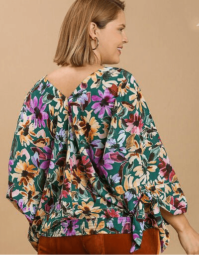 Umgee Full Size Floral V - Neck Tie Sleeve Blouse Plus Size | Tops | 4