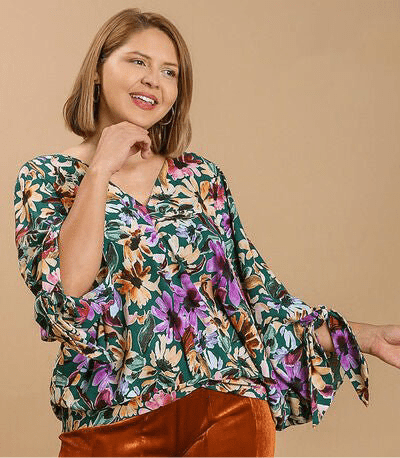 Umgee Full Size Floral V - Neck Tie Sleeve Blouse Plus Size | Tops | 1