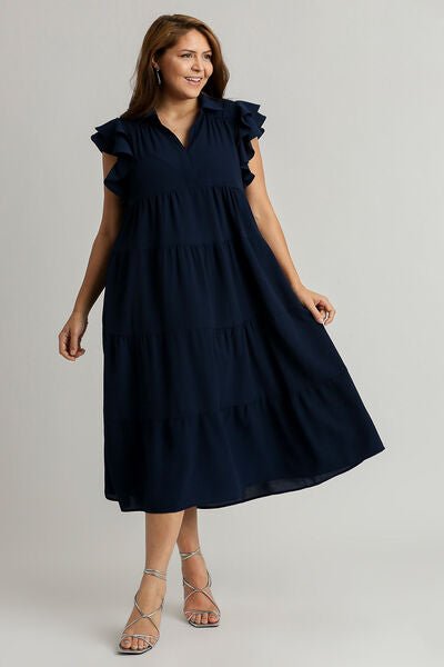 Umgee Full Size Johnny Collar Ruffle Cap Sleeve Tiered Dress Plus Size | Dresses | 4