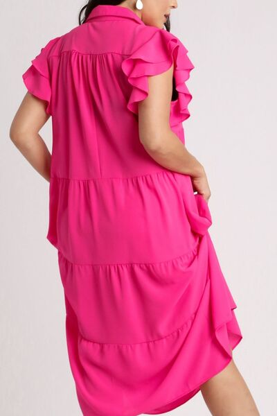 Umgee Full Size Johnny Collar Ruffle Cap Sleeve Tiered Dress Plus Size | Dresses | 4