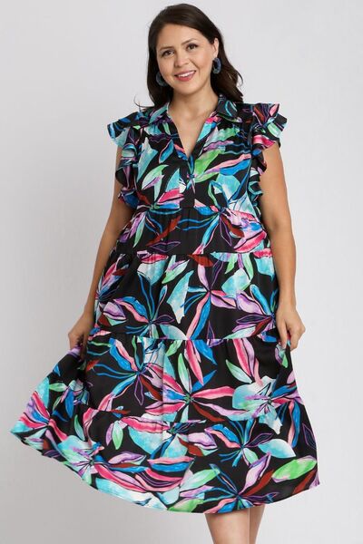 Umgee Full Size Leaf Print Double Layered Ruffle Sleeve Tiered Midi Dress Plus Size | Dresses | 5