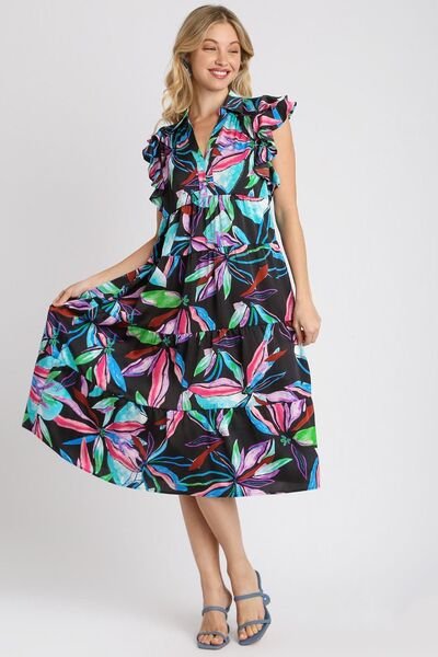 Umgee Full Size Leaf Print Double Layered Ruffle Sleeve Tiered Midi Dress Plus Size | Dresses | 1