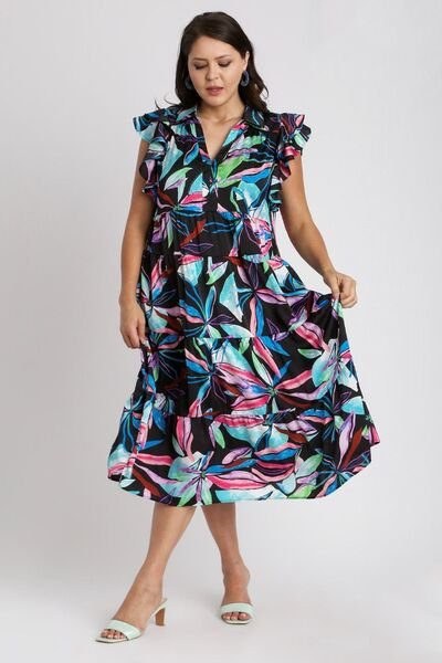 Umgee Full Size Leaf Print Double Layered Ruffle Sleeve Tiered Midi Dress Plus Size | Dresses | 7