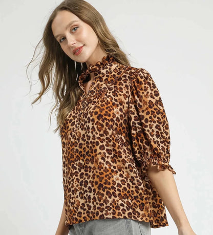 Umgee Full Size Leopard Print Ruffle Neck Blouse Plus Size | Tops | 4