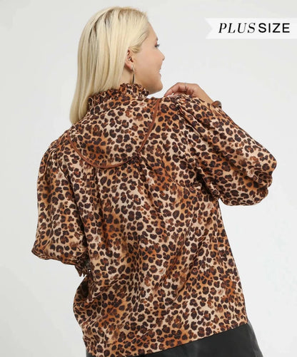 Umgee Full Size Leopard Print Ruffle Neck Blouse Plus Size | Tops | 10
