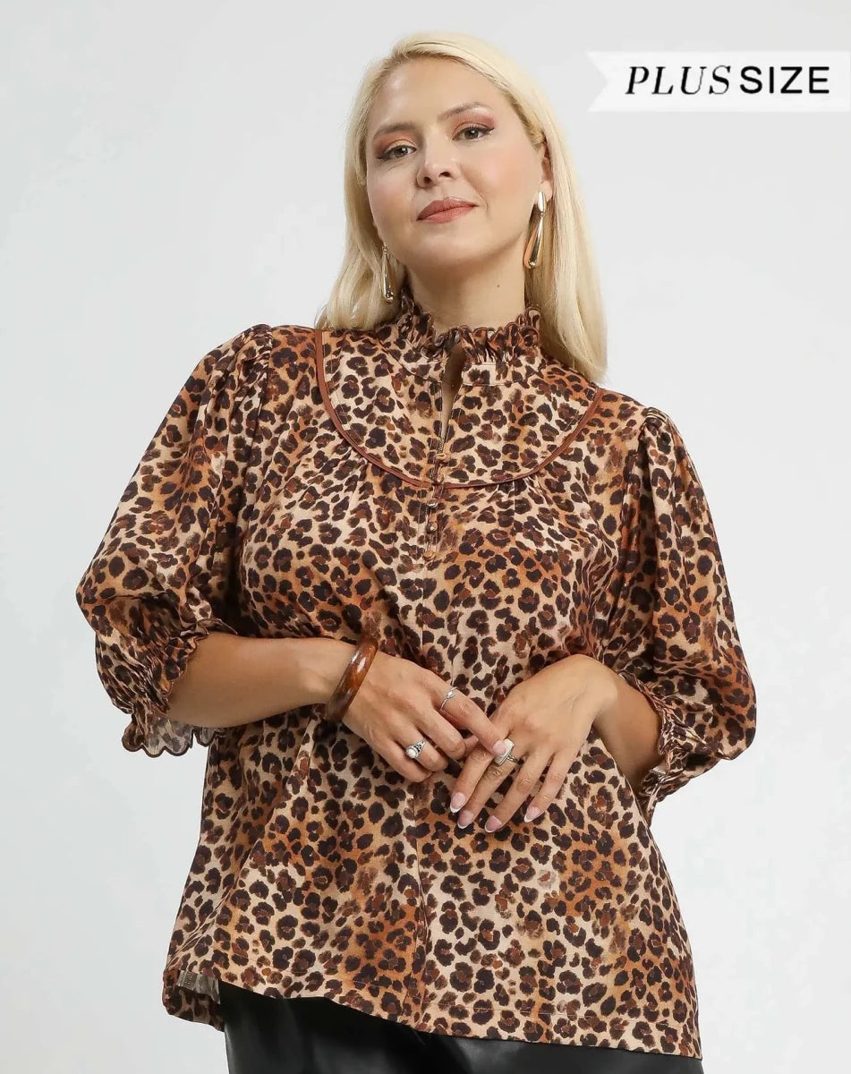 Umgee Full Size Leopard Print Ruffle Neck Blouse Plus Size | Tops | 6