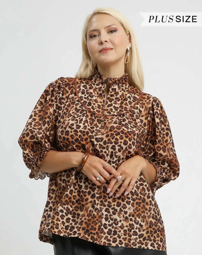 Umgee Full Size Leopard Print Ruffle Neck Blouse Plus Size | Tops | 6