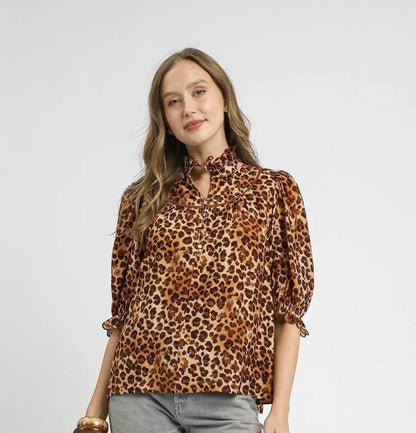 Umgee Full Size Leopard Print Ruffle Neck Blouse Plus Size | Tops | 2