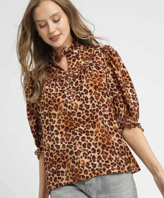 Umgee Full Size Leopard Print Ruffle Neck Blouse Plus Size | Tops | 1