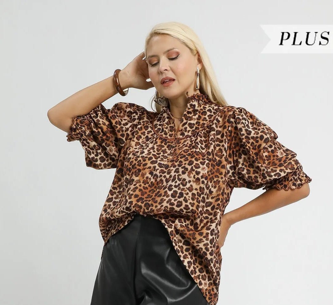 Umgee Full Size Leopard Print Ruffle Neck Blouse Plus Size | Tops | 8