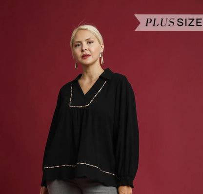 Umgee Full Size Linen Scallop Hem Blouse with Contrast Trim Plus Size | Tops | 9