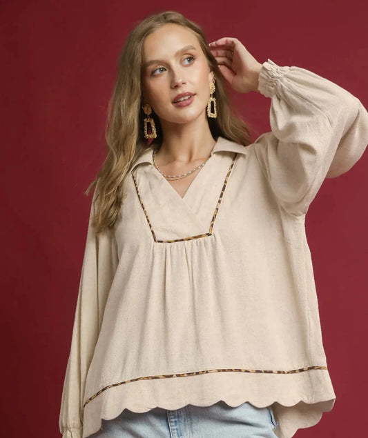 Umgee Full Size Linen Scallop Hem Blouse with Contrast Trim Plus Size | Tops | 1