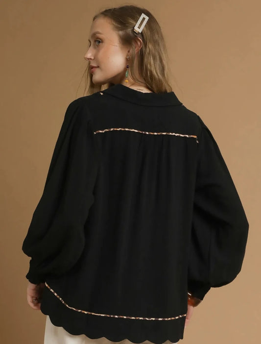 Umgee Full Size Linen Scallop Hem Blouse with Contrast Trim Plus Size | Tops | 2