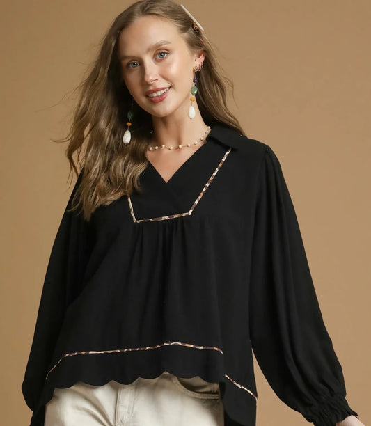 Umgee Full Size Linen Scallop Hem Blouse with Contrast Trim Plus Size | Tops | 1