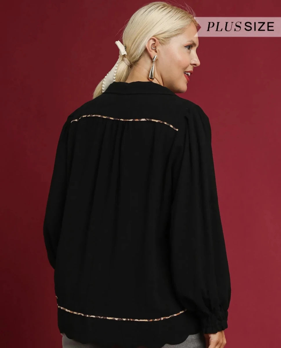 Umgee Full Size Linen Scallop Hem Blouse with Contrast Trim Plus Size | Tops | 8