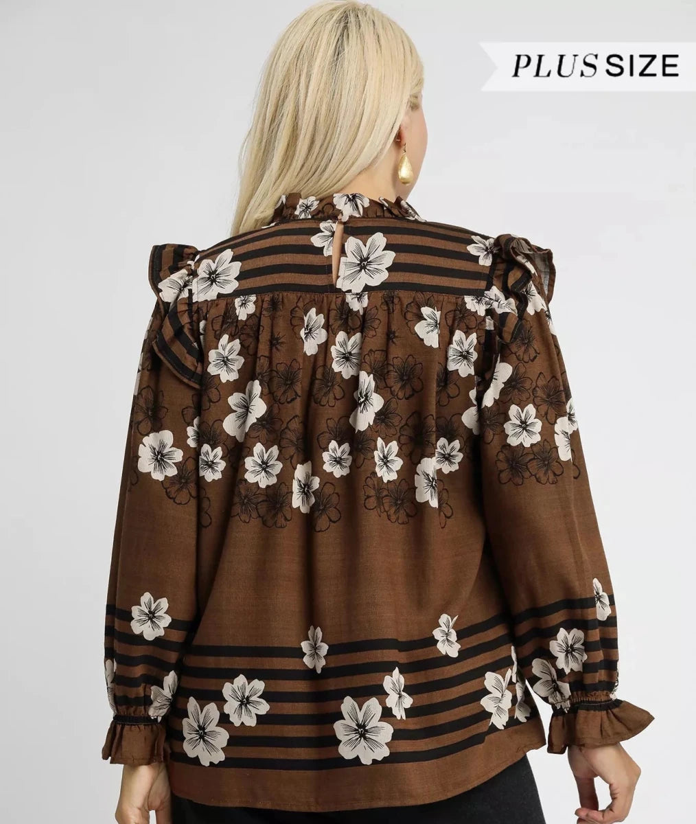 Umgee Full Size Mix Floral Smocked Ruffle Blouse Plus Size | Tops | 9