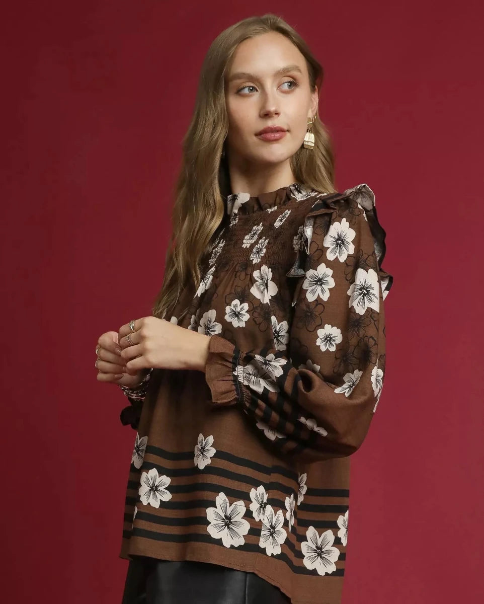 Umgee Full Size Mix Floral Smocked Ruffle Blouse Plus Size | Tops | 4