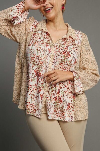 Umgee Full Size Mixed Print Metallic Detail Long Ruffle Sleeve Button Down Shirt Plus Size | Tops | 3