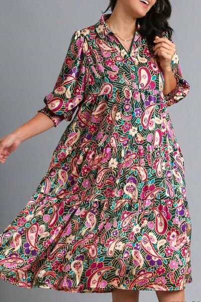 Umgee Full Size Paisley Print Satin Tiered Midi Dress Plus Size | Dresses | 5