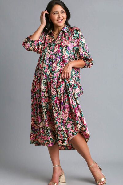 Umgee Full Size Paisley Print Satin Tiered Midi Dress Plus Size | Dresses | 3