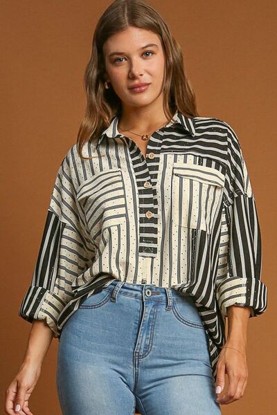 Umgee Full Size Pointelle Stripped Half Button Collared Neck Top Plus Size | Tops | 3