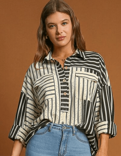 Umgee Full Size Pointelle Stripped Half Button Collared Neck Top Plus Size | Tops | 10