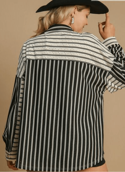 Umgee Full Size Pointelle Stripped Half Button Collared Neck Top Plus Size | Tops | 9