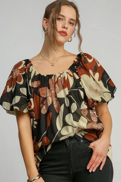 Umgee Full Size Print Round Neck Puff Sleeve Top Plus Size | | 1